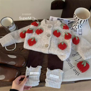 Girls' Knitted Cardigan 2025 New Autumn Outfit Baby Girl Strawberry Embroidery Sweater Children's Stylish Woolen Jacket Trend