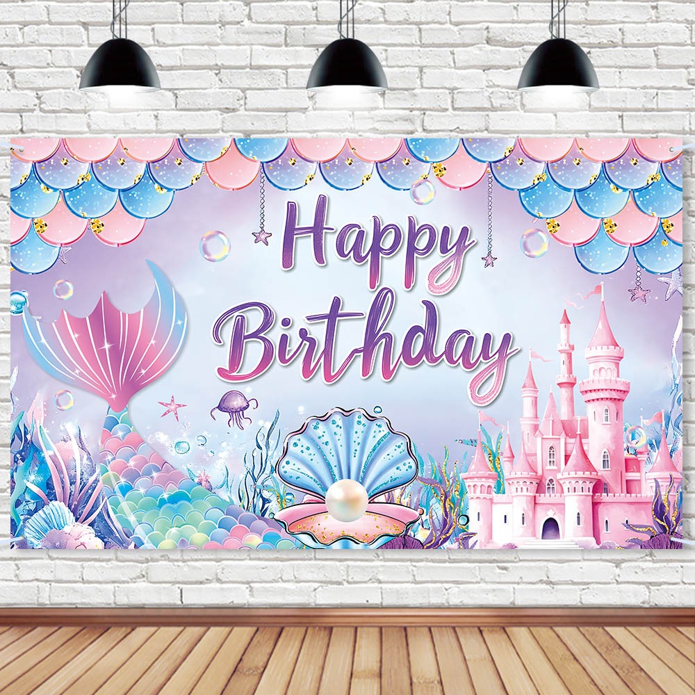 Nuevo tema de sirena tela de fondo de decoración de cumpleaños sirena océano tela de fondo de decoración de fiesta de cumpleaños para niños