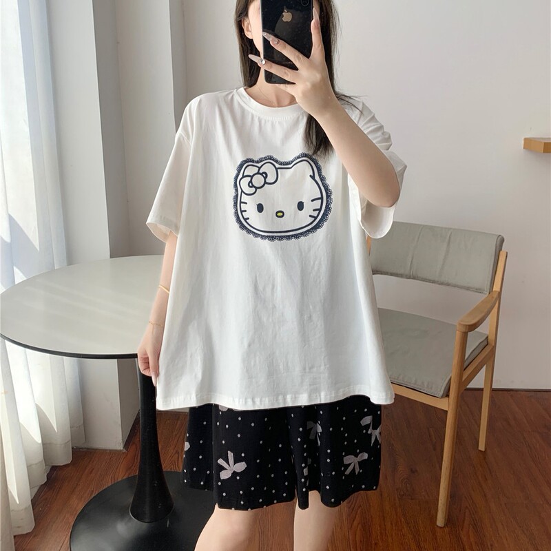 Short-Sleeved Pajamas for Women Summer Sweet and Cute Kt Cat Bow Printed Home Clothes Large Size 100kg Shorts Set