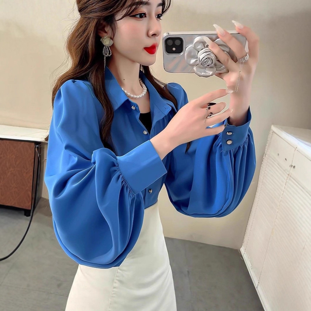 Klein Blue Pure Color Shirt Women's 2025 New Chiffon Shirt Loose Elegant Lapel Lantern Sleeve Top Spring