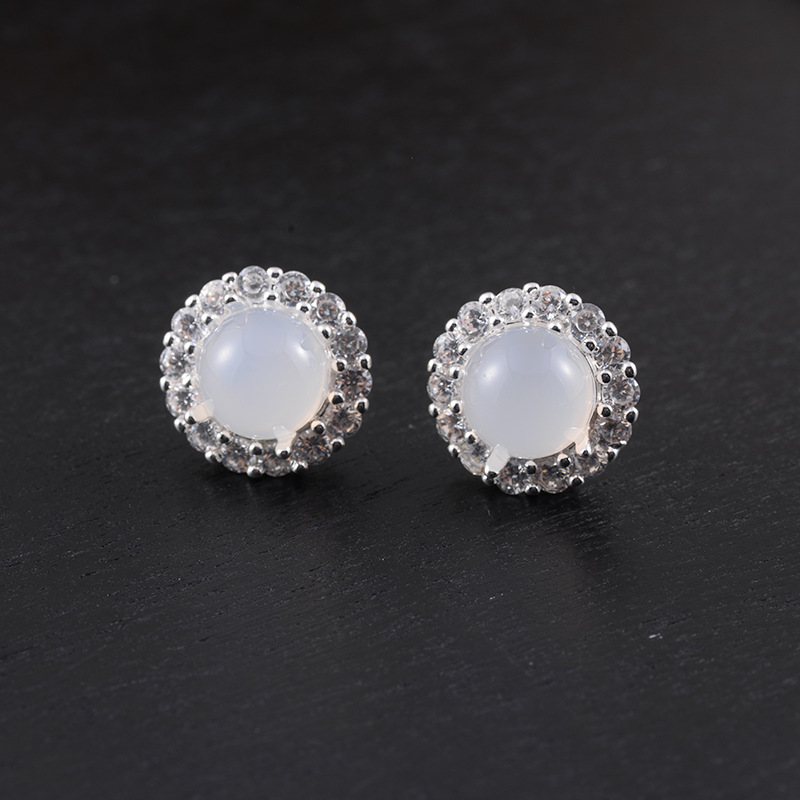 【Moonlight】New Chinese Style White Chalcedony Retro Light Luxury Natural Ice Plaid Egg Mosquito Coil Clip-On Earrings National Trend Versatile