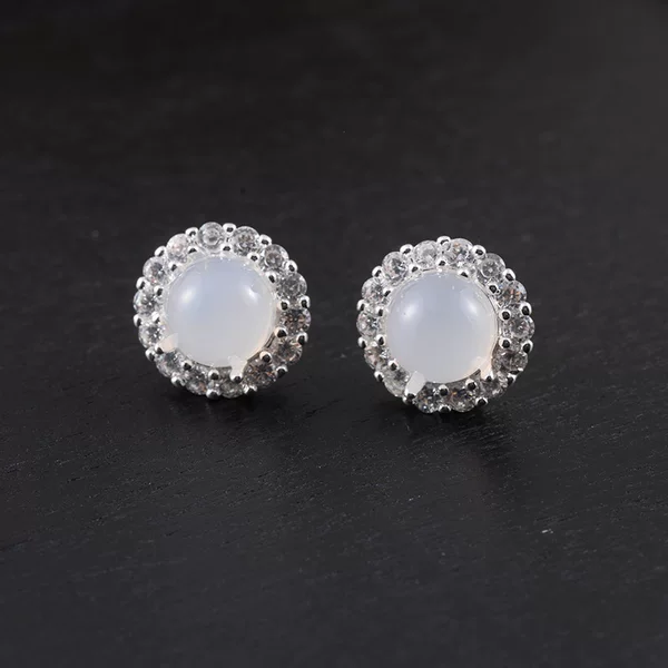 【Moonlight】New Chinese Style White Chalcedony Retro Light Luxury Natural Ice Plaid Egg Mosquito Coil Clip-On Earrings National Trend Versatile