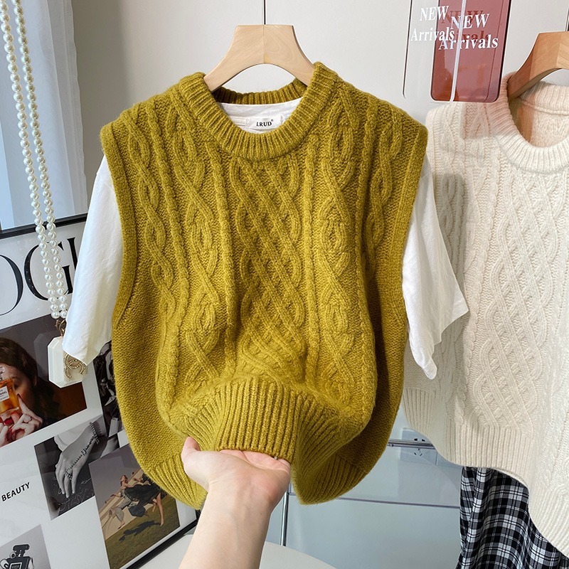 2023 primavera y otoño vintage Twist suéter sin mangas de las mujeres de estilo coreano flojo apilado Chaleco de punto exterior Chaleco de cuello redondo