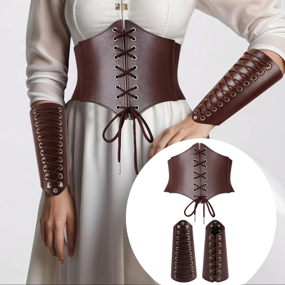 3PCS Medieval Costume Set Vintage Leather Lace Waist Belt Leather Gloves Wristband Viking Arm Guard