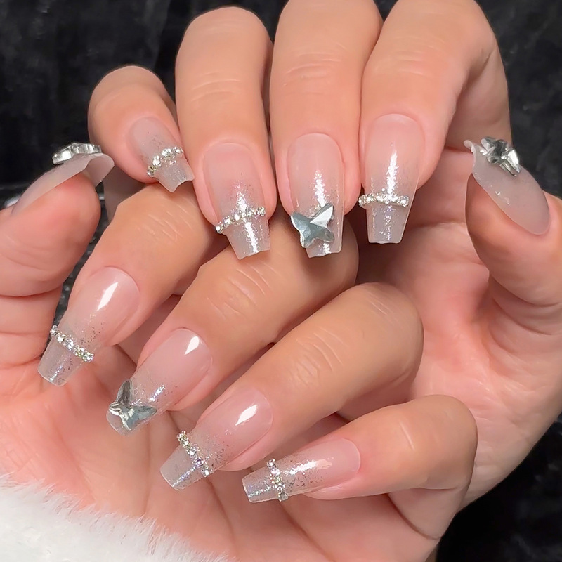 Cross-Border White Glitter Manicure Butterfly Wearable Shiny Finished Nail Patch Long-Lasting Handmade Removable Nail Patch