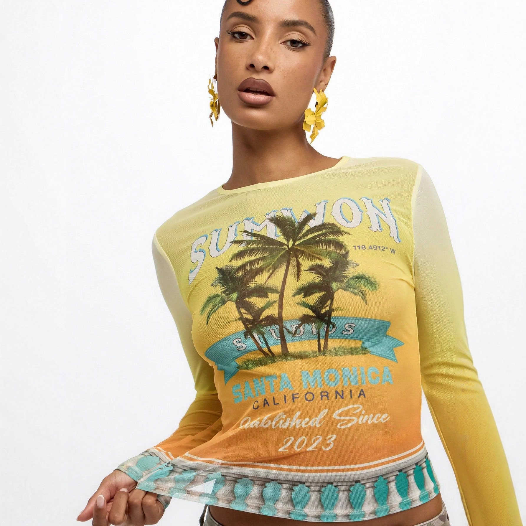 欧美跨境新款女装时尚个性圆领印花长袖上衣透视网纱短袖上衣女