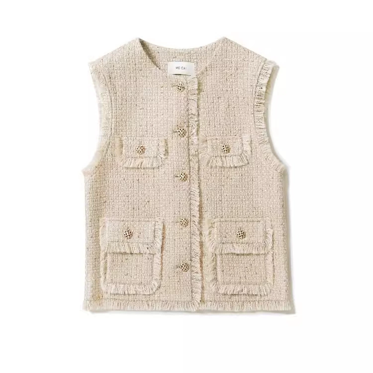 Красный Woolen жилет, ретро тканая куртка с круглым воротником