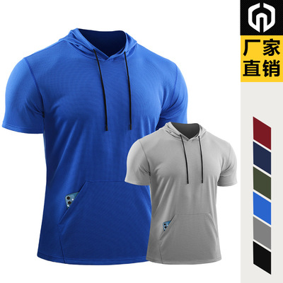Muscular Large Easy Short sleeved Fitness wear Hooded pocket Quick drying ventilation Basketball train Sweater B5100
