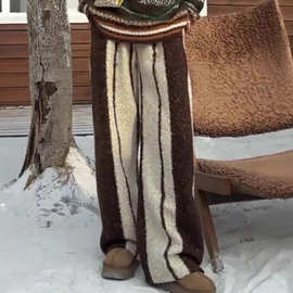 竖条纹撞色设计颗粒绒直筒裤女2025冬季新款大码遮肉阔腿拖地长裤