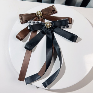 Jewelry wholesale brown houndstooth plaid rhinestone pearl bow brooch bow tie female college style decorative collar flower