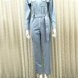 秋冬季新款时尚气质浅蓝色翻领系带工装连体裤修身显瘦一体裤女装