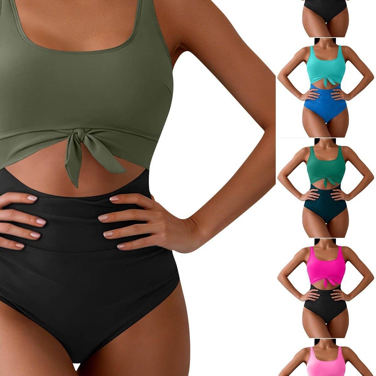 2026亚马逊跨境新款女式连体比基尼泳衣bikini拼色一片式镂空性感