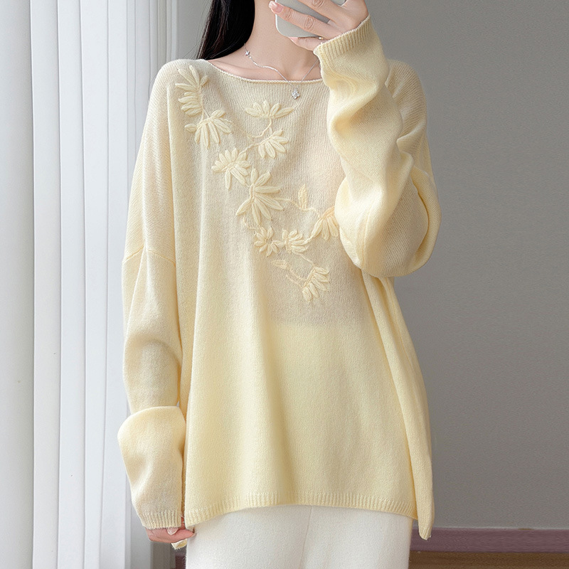 2026 Fall/Winter New Pure Wool Off-Shoulder Knit Sweater Long Sleeve Women's Hand-Embroidered Loose Wool Sweater Top 2026 Fall/Winter New Pure Wool Off-Shoulder Knit Sweater Long Sleeve Women's Hand-Embroidered Loose Wool Sweater Top