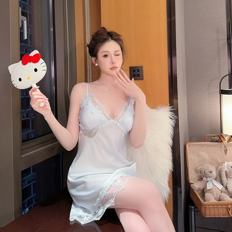 パジャマの女性の夏の氷の糸の薄いタイプのセクシーなレースのガーターの睡眠のスカートのパジャマのスーツは春と秋の家庭服を着ることができます。|undefined