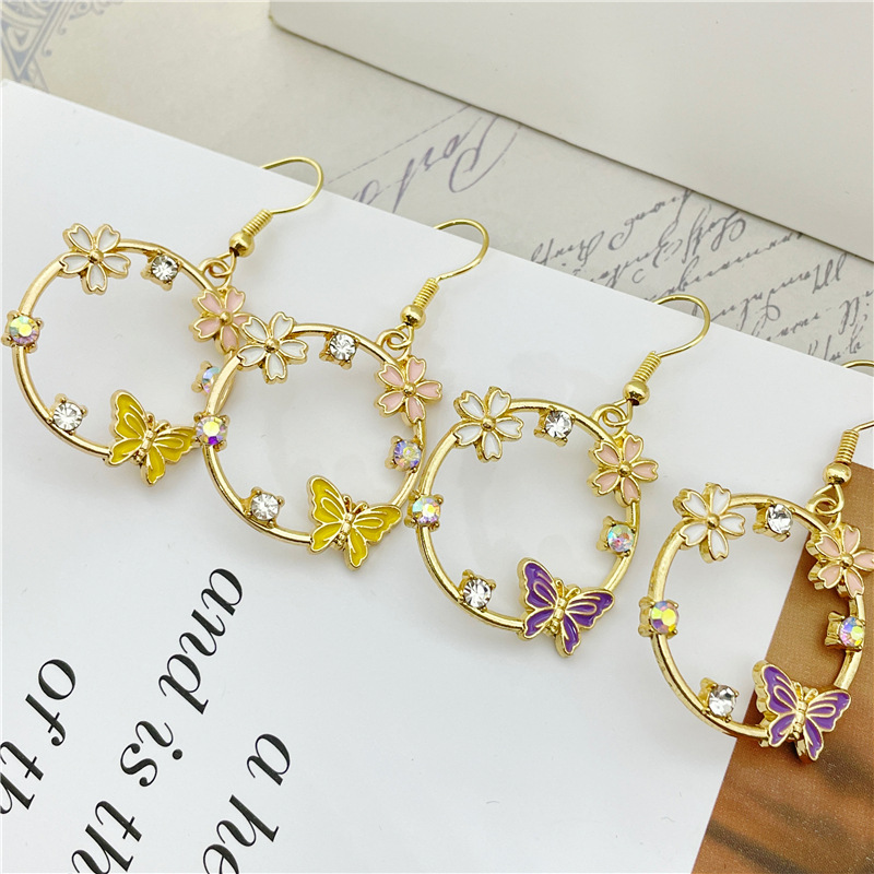 Simple Style Butterfly Alloy Plating Hollow Out Inlay Rhinestones Womenu0027S Drop Earrings 1 Pair