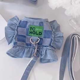 秋装ins风宠物狗狗牛仔衣服泰迪比熊雪纳瑞棋盘格牵引绳胸背背心