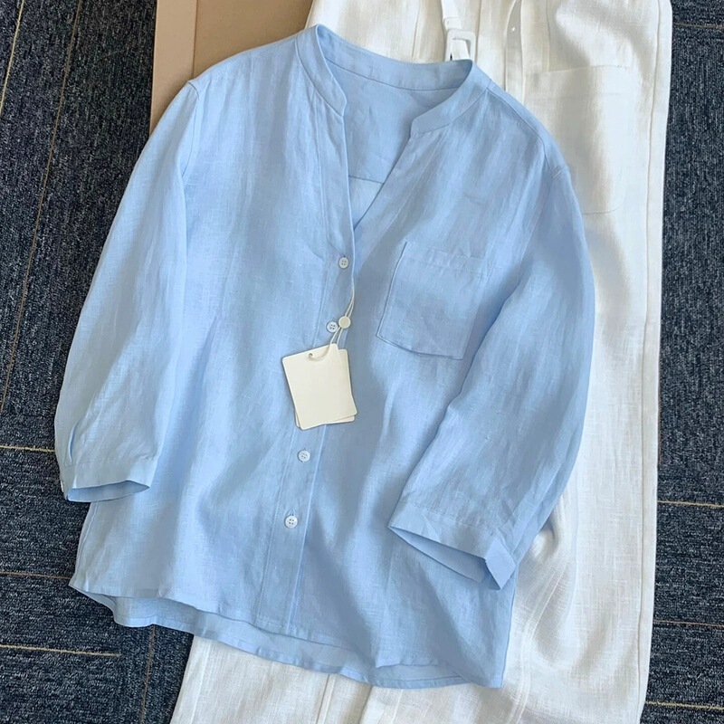 Omg! Top Quality ~ Tencel Linen Blue Quarter-Sleeved Shirt for Women Summer Light and Simple Ramie Top