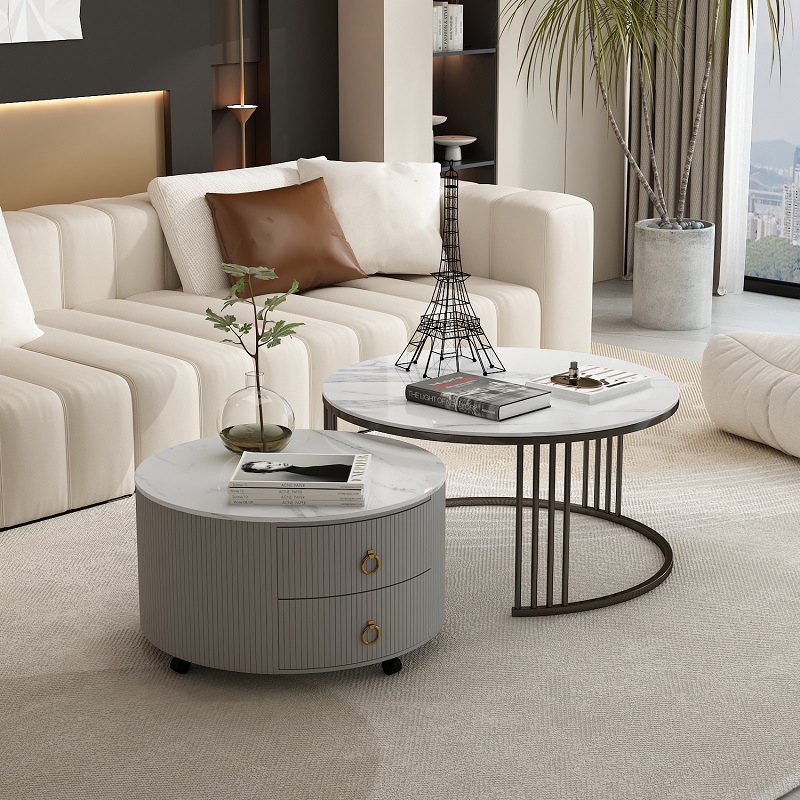 Mesa de centro de pizarra de roca Sala de estar Hogar de alta gama Vidrio templado redondo Juego de almacenamiento de mesa de centro de lujo ligero Apartamento pequeño simple