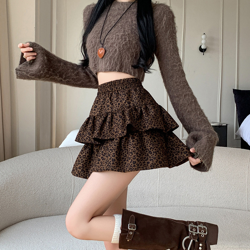美式复古豹纹半身裙女秋冬季2025新款高腰a字小个子蓬蓬蛋糕短裙|undefined