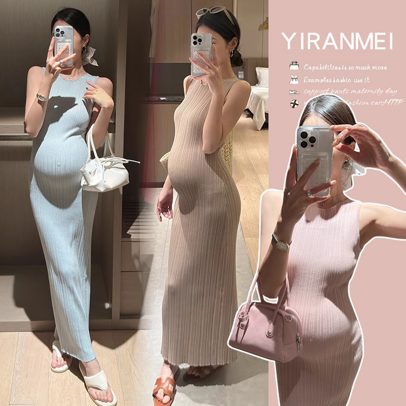 Slim Knitted Vest Maternity Dress Women's Summer French Style Sleeveless Slim Slit Hip-Covering Long Skirt Slim Knitted Vest Maternity Dress Women's Summer French Style Sleeveless Slim Slit Hip-Covering Long Skirt
