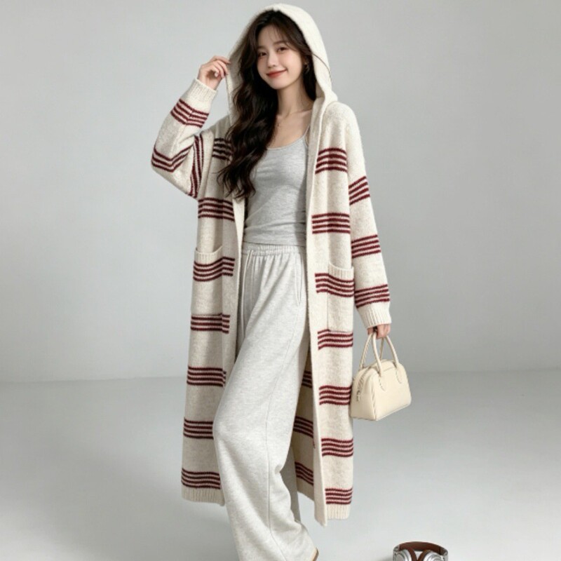 Long striped hooded sweater for women, winter 2026 new style, loose and casual, thickened, buttonless knitted cardigan top