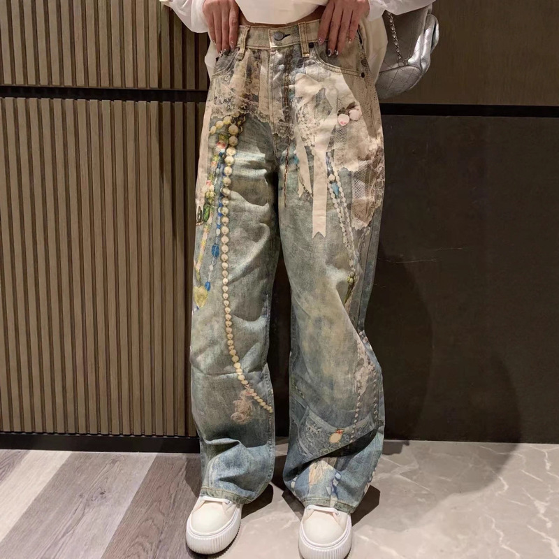 Correct Top Version Ac` Lace Pearl Chain 3D Printed Washed American High Street Design Jeans for Men and Women Trendy Brand