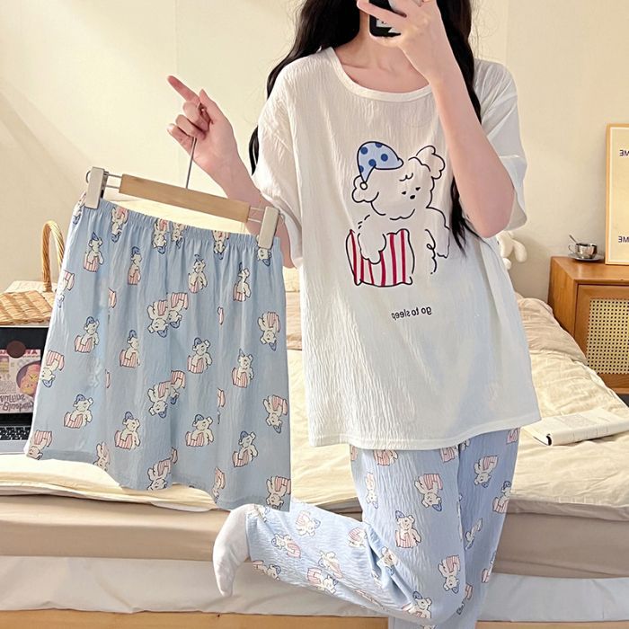 En nombre de la nube de algodón de tres piezas de verano nuevos pijamas de dibujos animados de mujer cuello redondo pantalones cortos de manga corta pantalones traje de servicio a domicilio