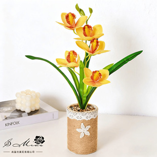 Five-Headed Small Cymbidium Potted Plant Artificial Flower Green Plant Desk Decoration Home Indoor Living Room Flower Decoration Flower