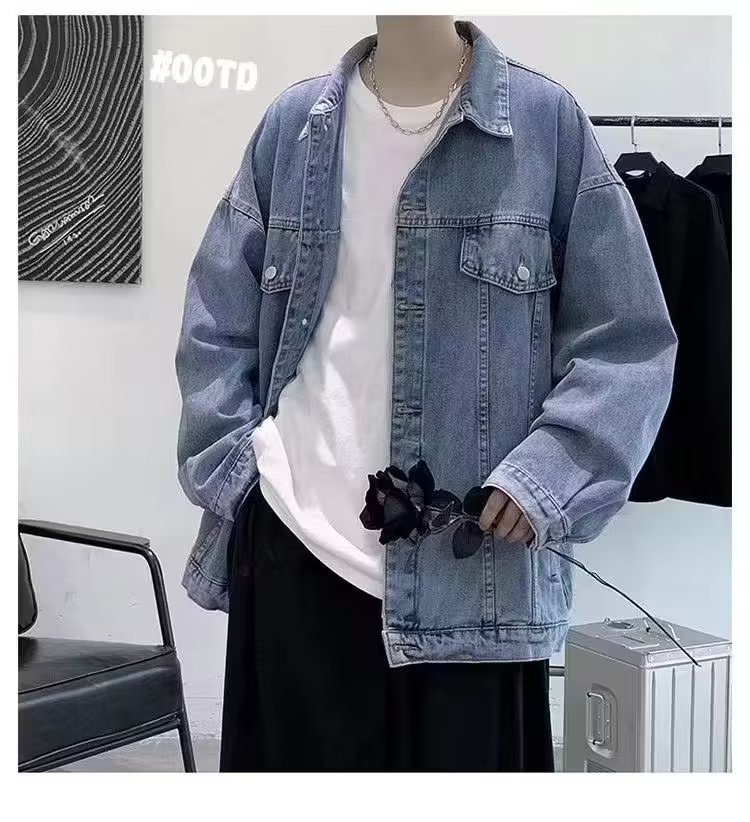 1 Men's Denim Jacket Autumn New Hong Kong Loose Japanese American Style Coat Top_viptrois.com