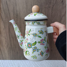 跨境加厚老式搪瓷家用厨房带盖木柄把手煮咖啡壶油壶水壶餐厅饭店