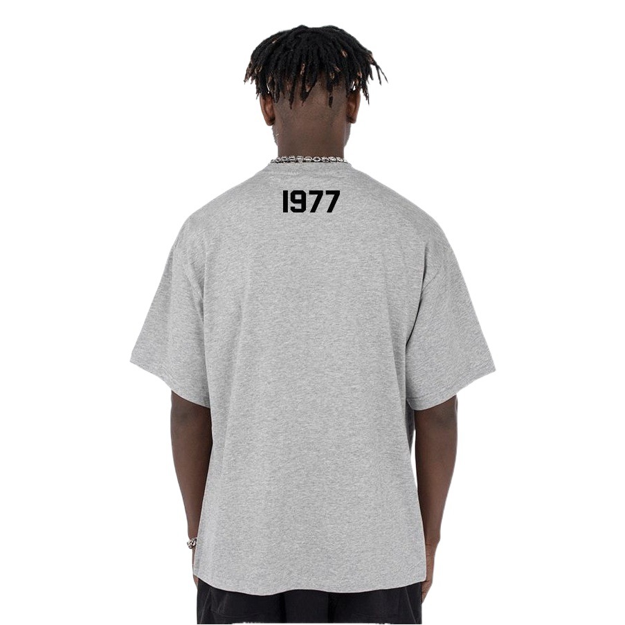 Heavy 350g de hilo doble manga corta para hombres y mujeres escote pequeño 1977 Camiseta de algodón suelta media manga blanca caída hombro media manga