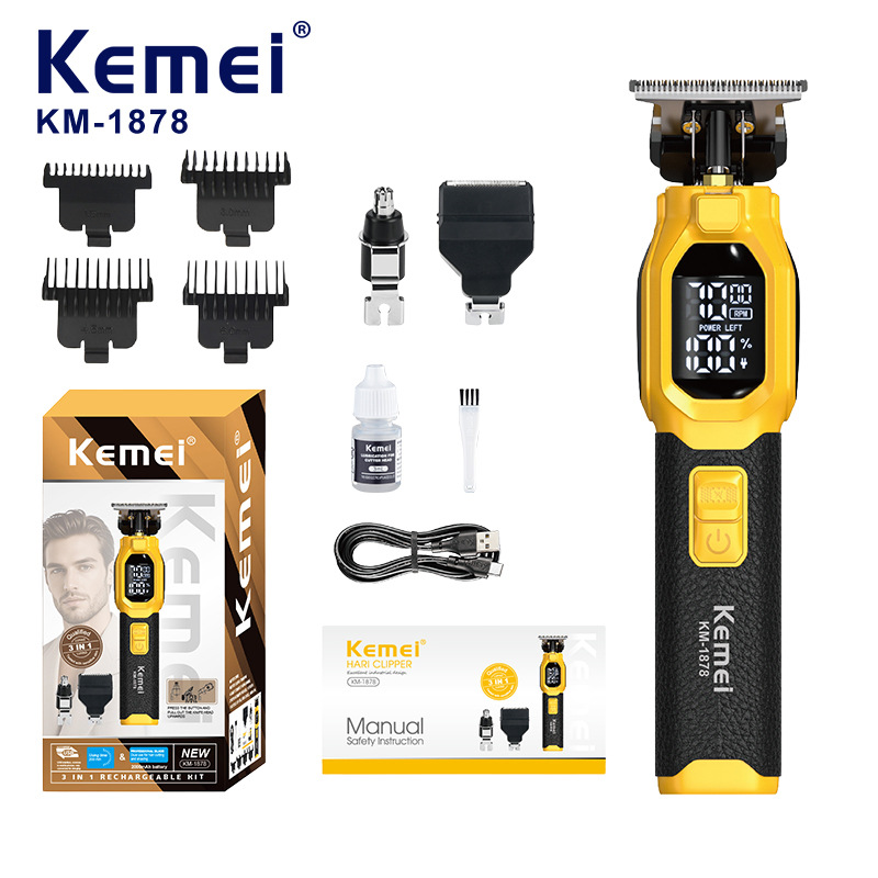 Cortadora de Pelo Eléctrica Kemei KM-1878 3 en 1, Afeitadora con Pantalla Digital, Recortadora de Pelo para Peinado y Detallado, Transfronteriza