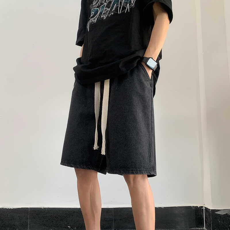 Woven Drawstring Denim Shorts Men's Japanese Trendy Casual Mid-Length Pants Hong Kong Style Retro Straight Loose Large Size Five-Point Pants
