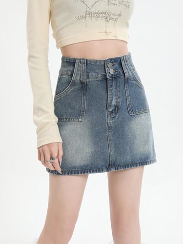 A-line skirt with lining, high-waisted denim skirt, 2024 Hong Kong-style new arrival spring women's half-body dress, simple style