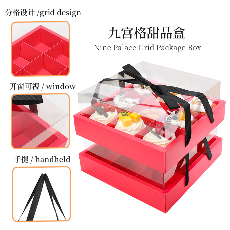 Rosa roja 9 taza de rejilla de palacio taza de papel caja de pastel portátil caja de empaque de postre transparente para llevar caja de picnic de frutas