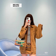 mi u翻领夹克拼皮外套鹿皮绒双拉链设计女25早秋8月新品时髦外套