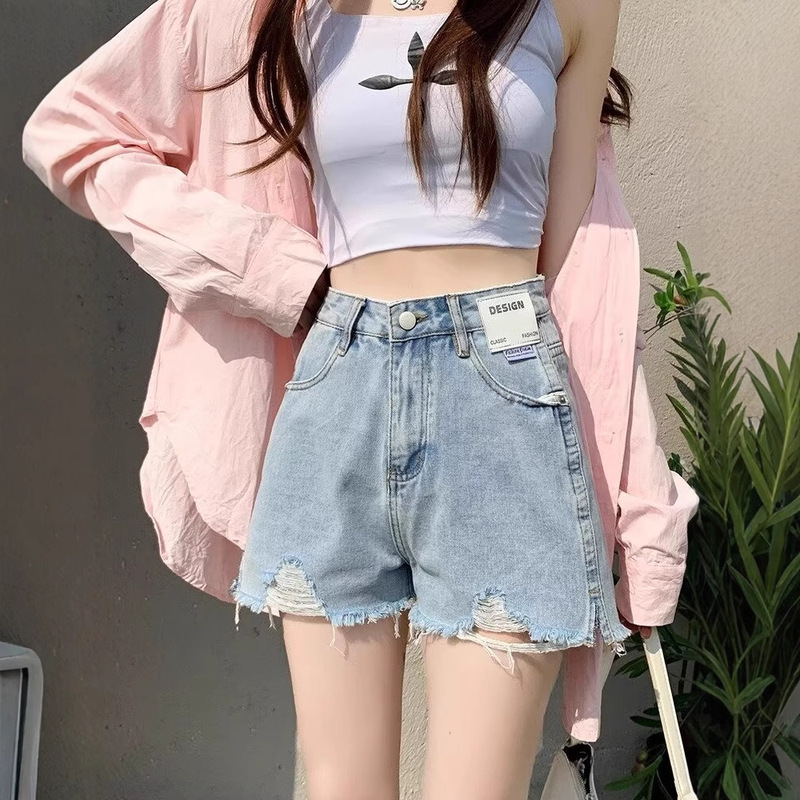 Light Blue Ripped Denim Shorts for Women with Pear-Shaped Figure, Summer Plus Size, High-Waisted, Slimming, Frayed A-Line Wide-Leg Hot Pants Light Blue Ripped Denim Shorts for Women with Pear-Shaped Figure, Summer Plus Size, High-Waisted, Slimming, Frayed A-Line Wide-Leg Hot Pants