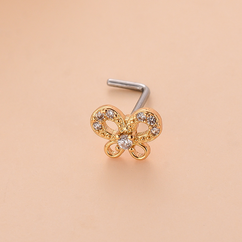 Fashion Heart Shape Butterfly Stainless Steel Copper Plating Inlay Zircon Nose Studs 1 Piece display picture 9