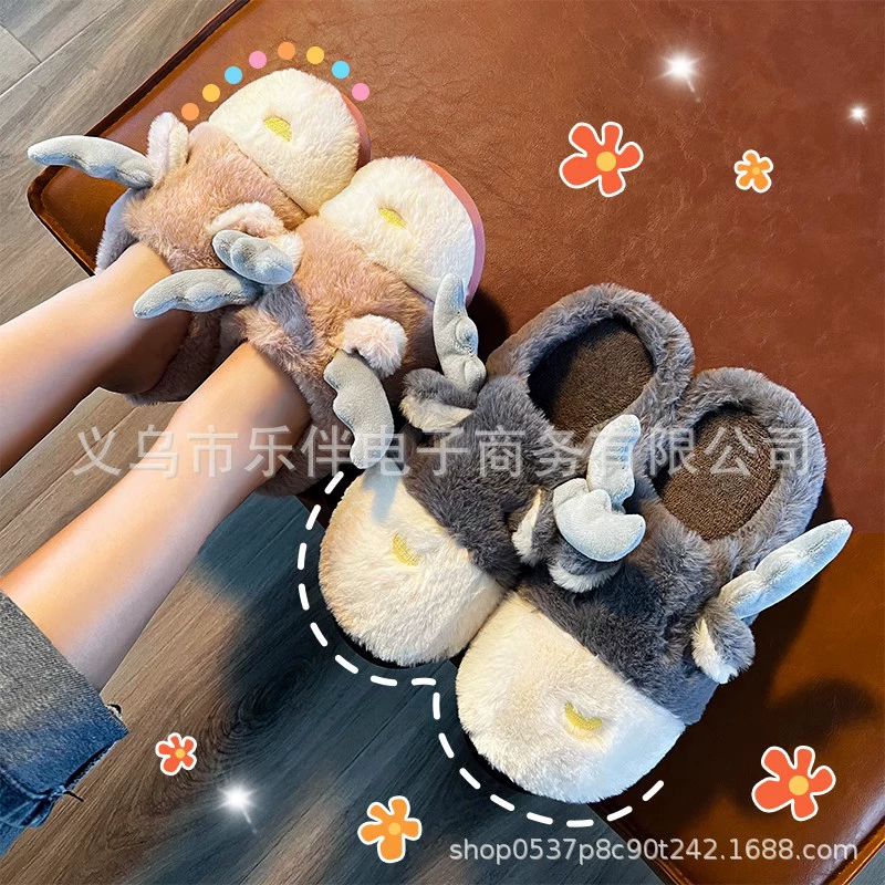 Хлопковые тапочки из лося, Женская полусумка с осенне-зимним нескользящим толстым дном для дома, теплая Пара, Мультяшные Плюшевые оптом