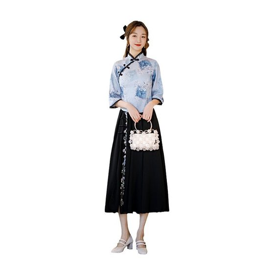 Memories of Beauty Spring and Summer New Girls Fresh Chiffon Cheongsam Daily Fresh Improved Cheongsam Dress Set