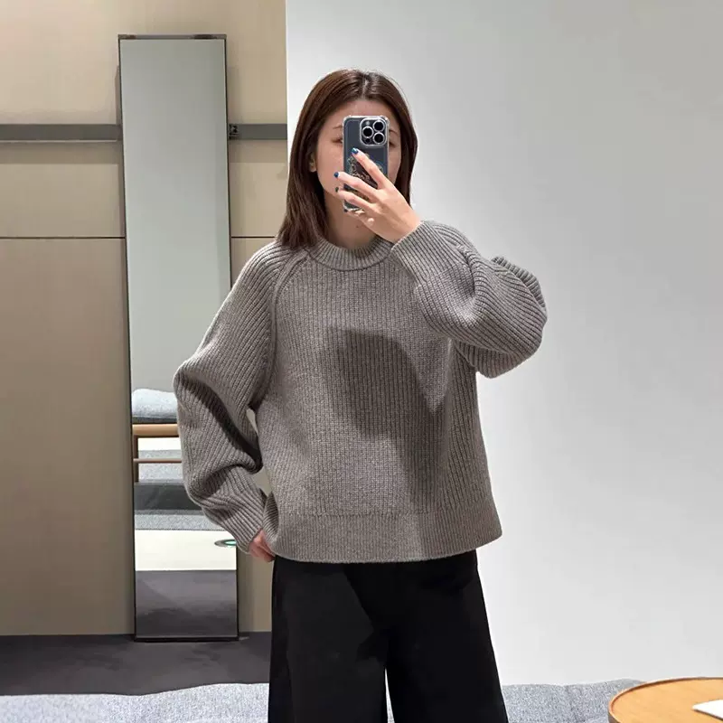 毛衣女秋冬标准版型圆领罗纹羊毛混纺套头衫休闲宽松慵懒风毛衣
