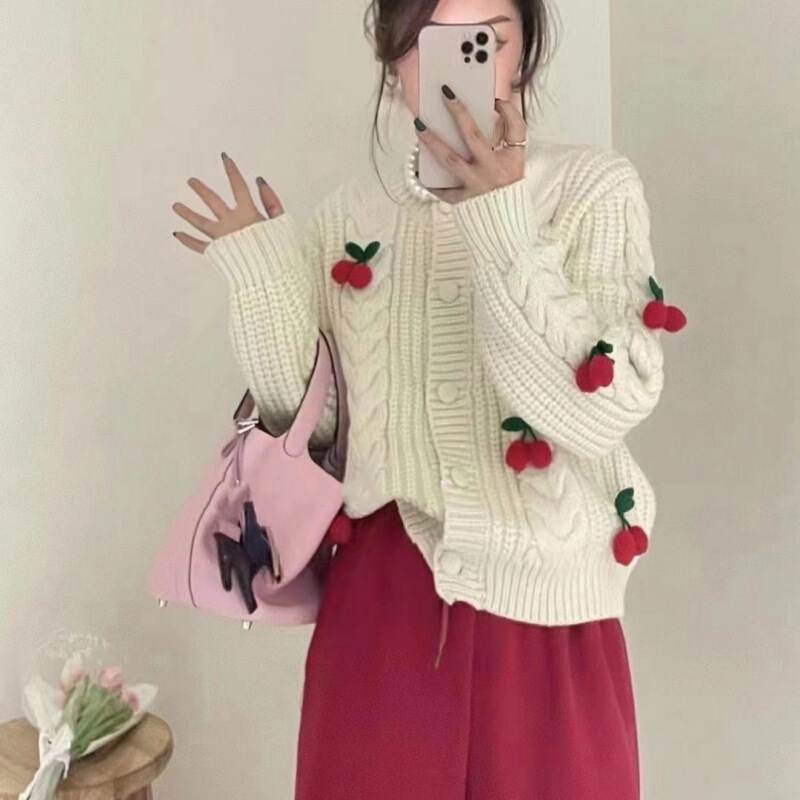 2024 Autumn and Winter New Cherry Age-reducing Sweet Sweater Women's Short Thickened Knitted Cardigan Loose Lazy Style Top