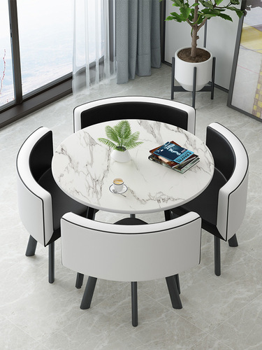 A simple and elegant business negotiation, reception table and chair set, consisting of one table and four chairs, office and leisure meeting round table, milk tea shop, personalized design