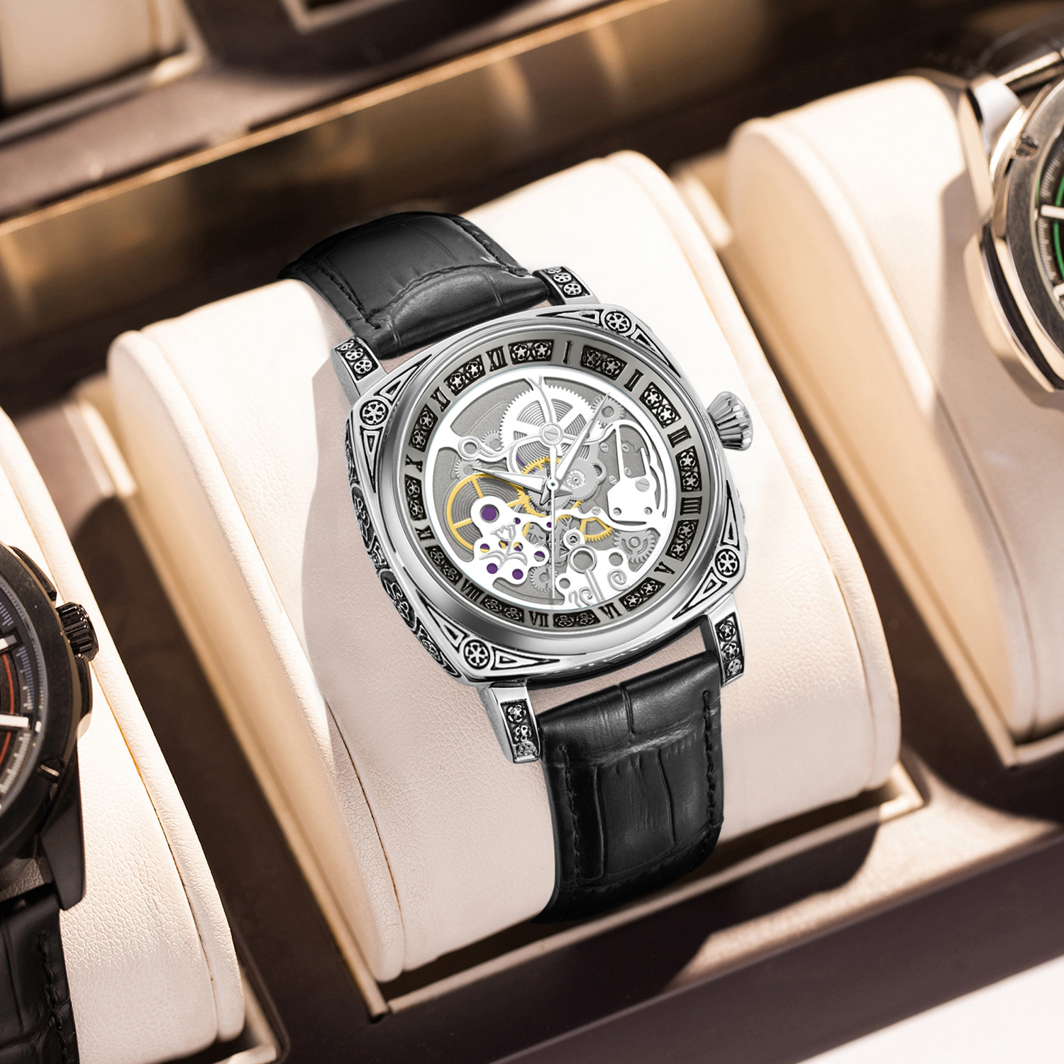 Carving craft men's classic watch steel band waterproof source factory wholesale cross-border explosions hollow quartz watch