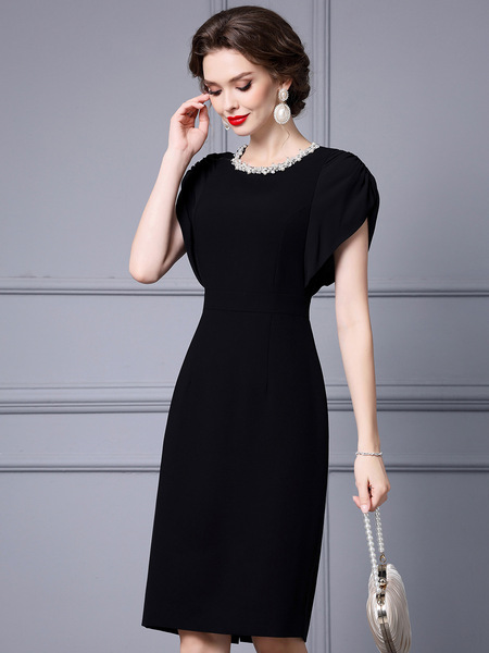 Zhili High end Noble Women Popular Quality Wrapped Hip Skirt Collar Handmade Beaded Black Show Body Dress 2024 Summer Ed