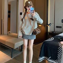韩系休闲黑白条纹长袖t恤女秋季宽松显瘦撞色圆领内搭打底衫上衣