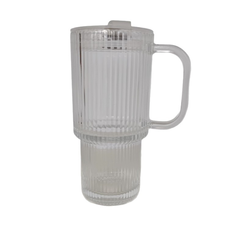 Taza de agua de paja de alta capacidad, taza de vidrio a rayas verticales con mango, taza de café, taza de paja de regalo promocional