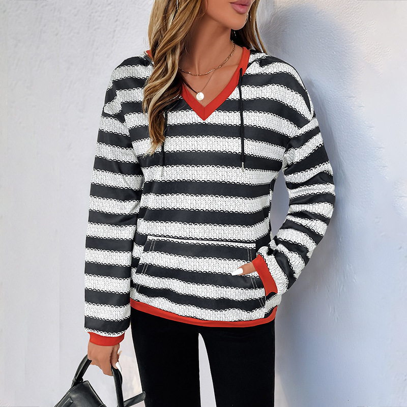 Women Clothing Contrast Color Striped Sweatshirt Autumn Pullover Casual Hooded Top Women