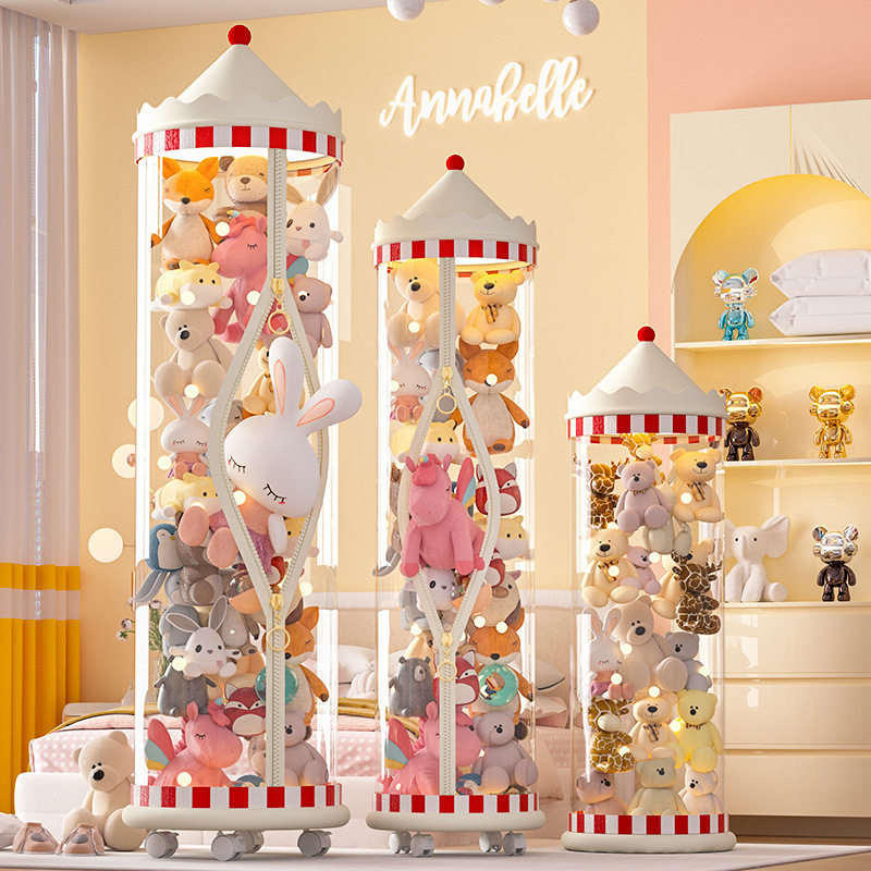 Muñeca de almacenamiento de barril tipo cremallera para juguetes de peluche de acabado transparente canasta de muñecas de niños muñecas de muñecas