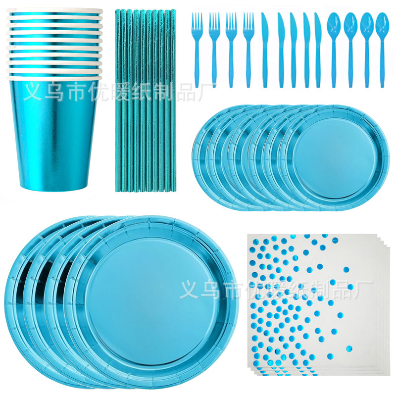 Cross-Border New Laser Pure Blue Birthday Party Decoration Tableware Supplies Disposable Paper Plates and Napkins Set for Party